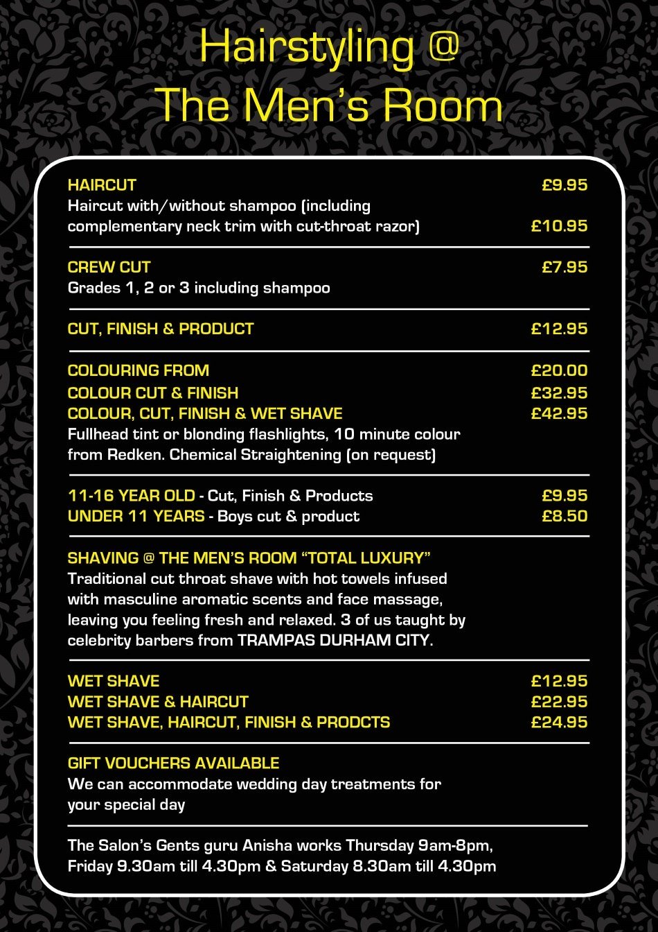 Men S Prices At The Salon Langley Park Durham Hair Salon